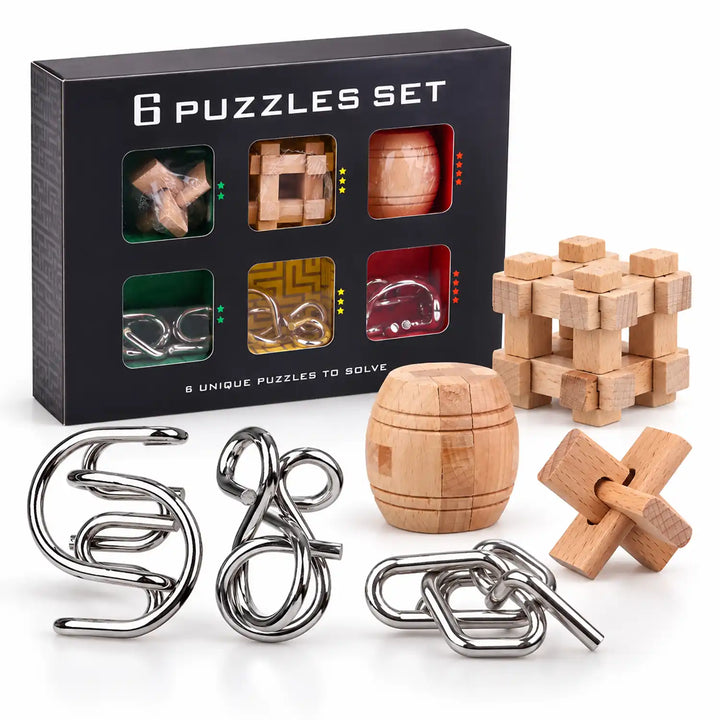 Houten en metalen puzzelset van 6 stuks