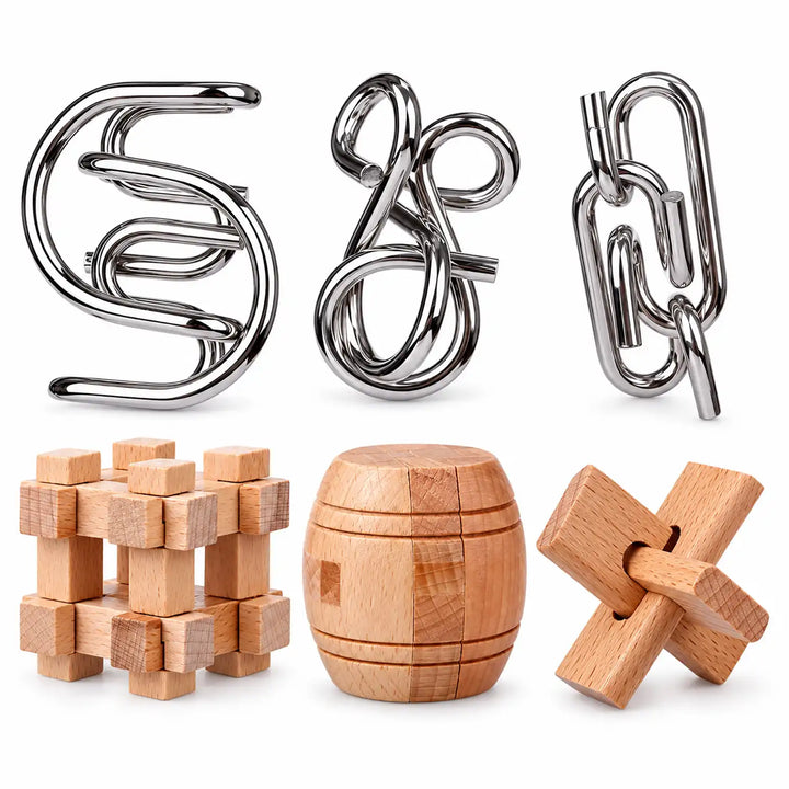 Houten en metalen puzzelset van 6 stuks