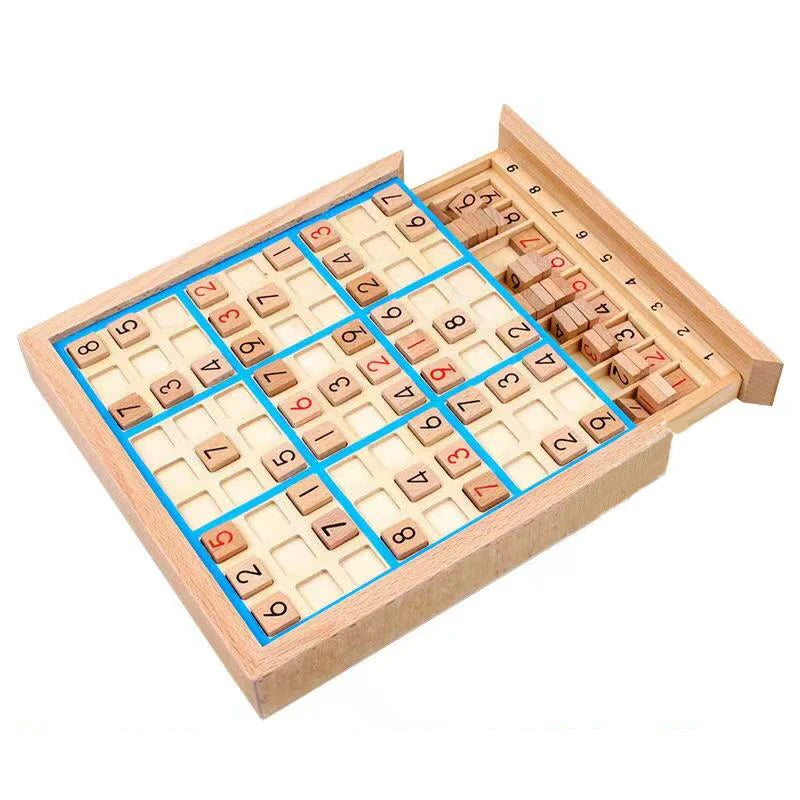 sudoku en bois bleu avec grille 9x9 et pions numérotés