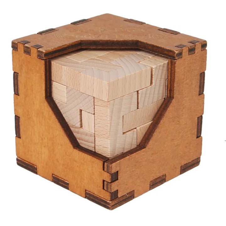 Casse-tête cube 3D en bois dans sa boîte, vue 3/4 – version Briques