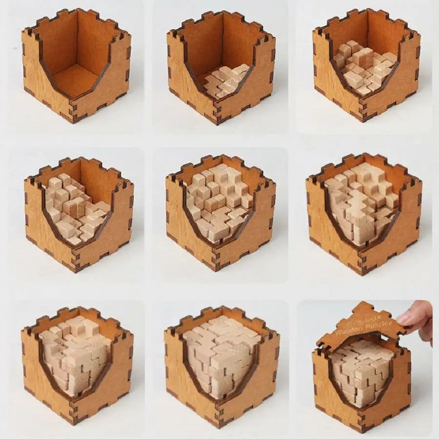 Étapes d’assemblage et fermeture du couvercle – casse-tête cube 3D en bois (version Escalier)