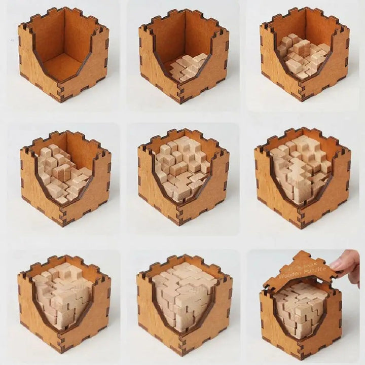 Étapes d’assemblage et fermeture du couvercle – casse-tête cube 3D en bois (version Escalier)
