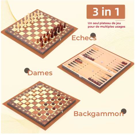 Coffret 3 en 1 : jeu d'échecs, dames et backgammon