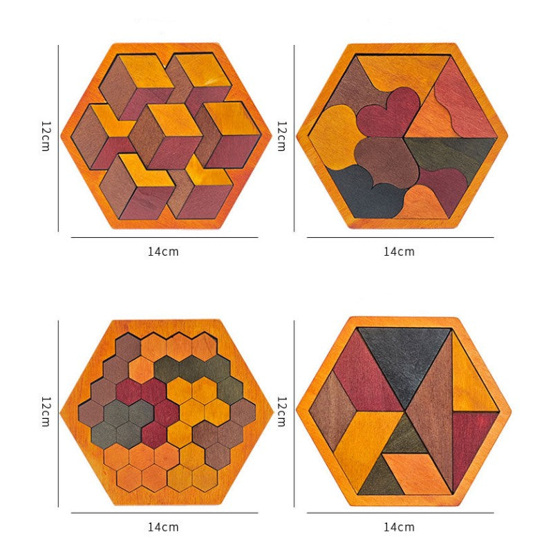 Collection de tangrams en bois hexagonaux : puzzles géométriques à assembler