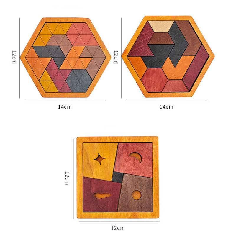 Pack de tangrams en bois : 6 puzzles hexagonaux géométriques + 1 modèle carré
