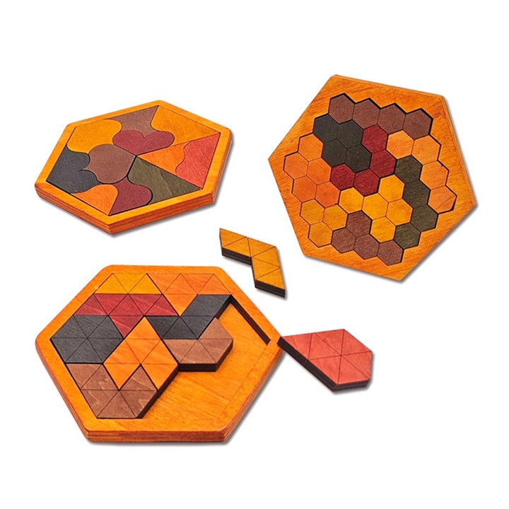 Collection de tangrams en bois hexagonaux : puzzles géométriques à assembler