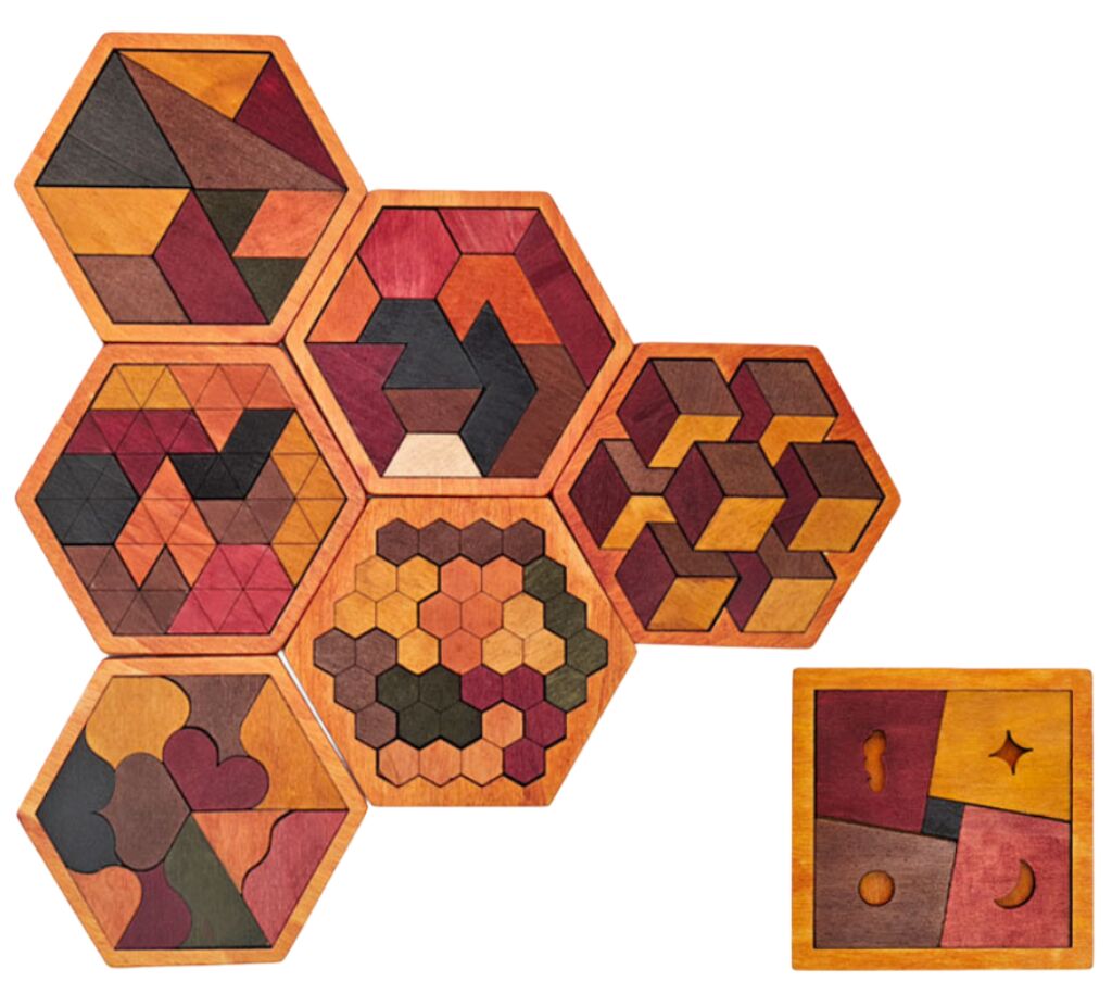 Pack de tangrams en bois : 6 puzzles hexagonaux géométriques + 1 modèle carré