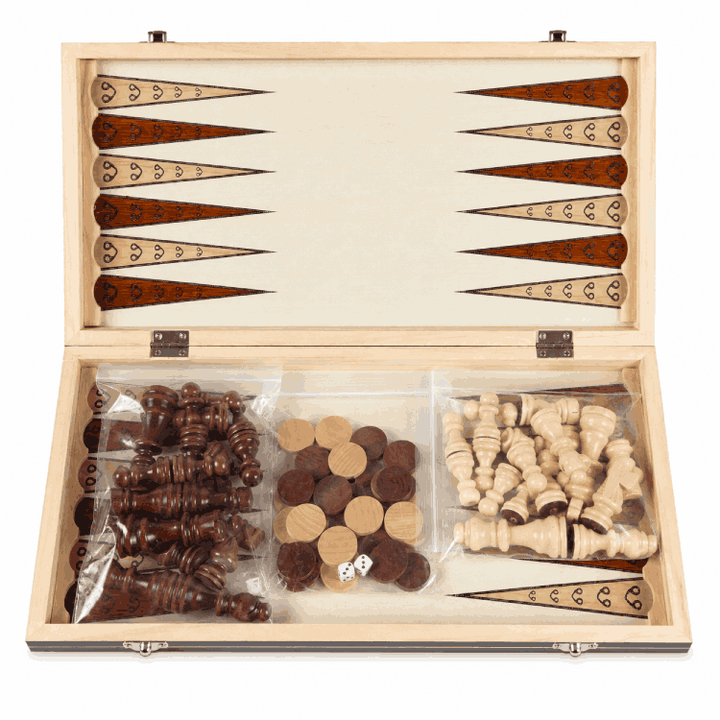 Juego de ajedrez de madera magnético 3 en 1 – Ajedrez, Damas y Backgammon