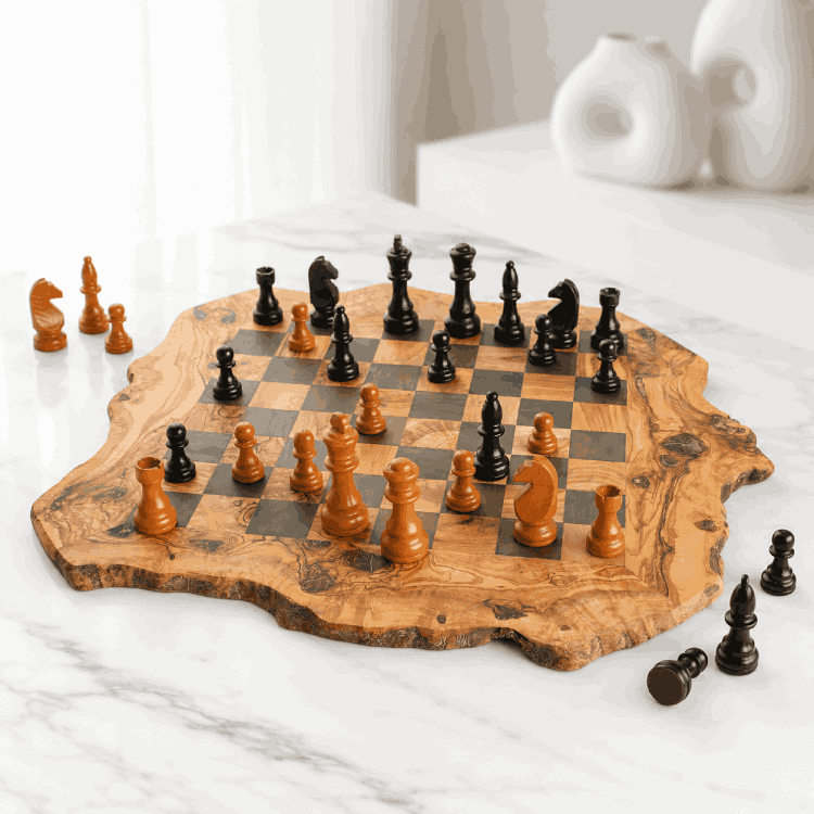 Jeu d’échecs en bois d’olivier massif – 28 cm