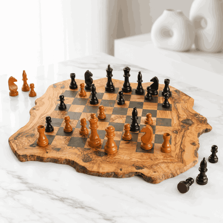 Jeu d’échecs en bois d’olivier massif – 28 cm