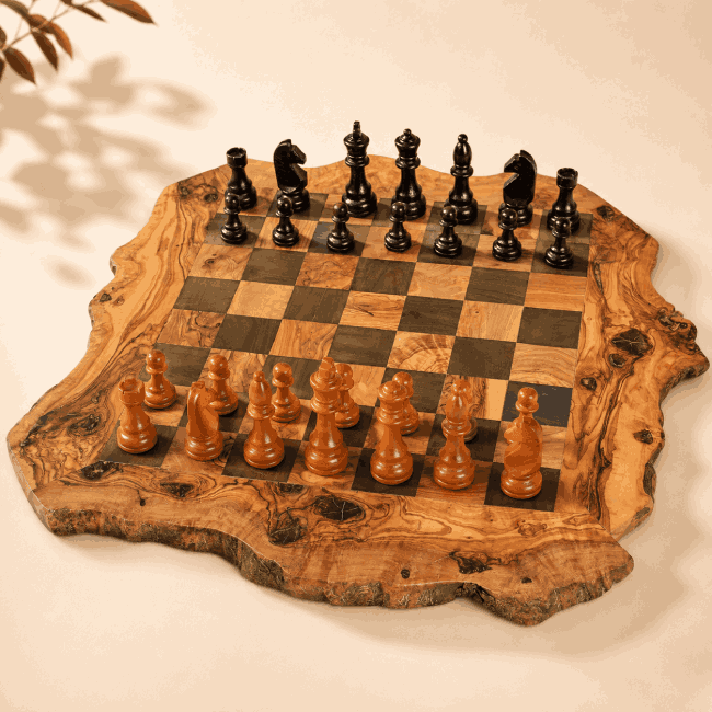 Jeu d’échecs en bois d’olivier massif – 28 cm