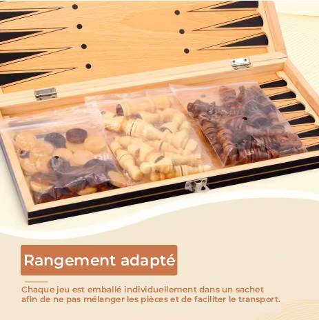 Coffret 3 en 1 : jeu d'échecs, dames et backgammon