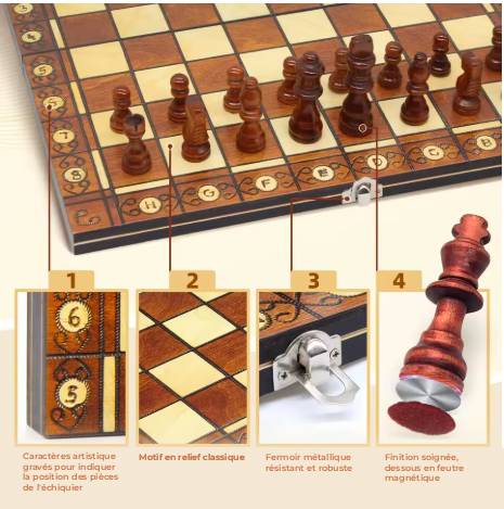 Coffret 3 en 1 : jeu d'échecs, dames et backgammon