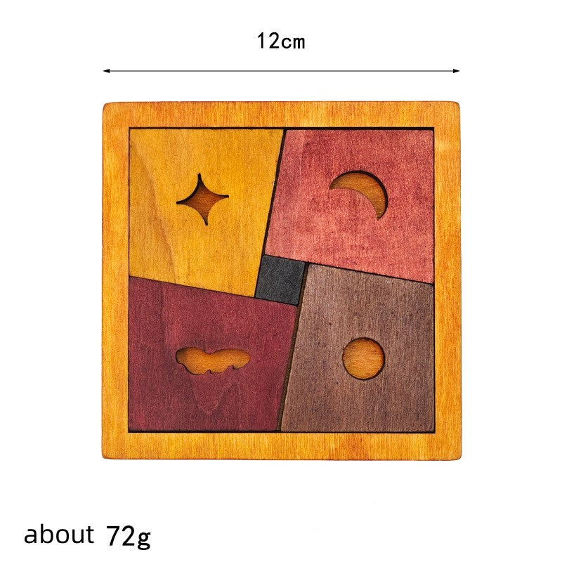 Tangram en bois carré astres avec découpes lune et étoile, puzzle 12 cm