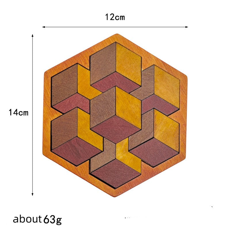 Tangram en bois hexagonal illusion cubes 3D, puzzle géométrique 12 x 14 cm