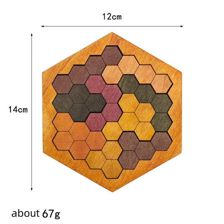Tangram en bois hexagonal motif nid d’abeille, casse-tête géométrique 12 x 14 cm