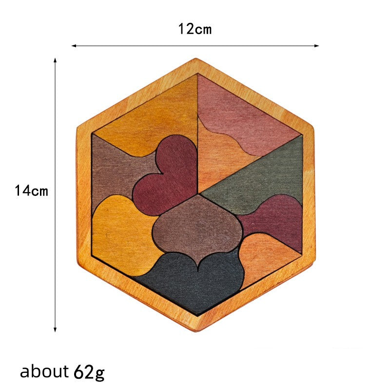 Tangram en bois hexagonal formes pique et coeur, casse-tête en bois 12 x 14 cm