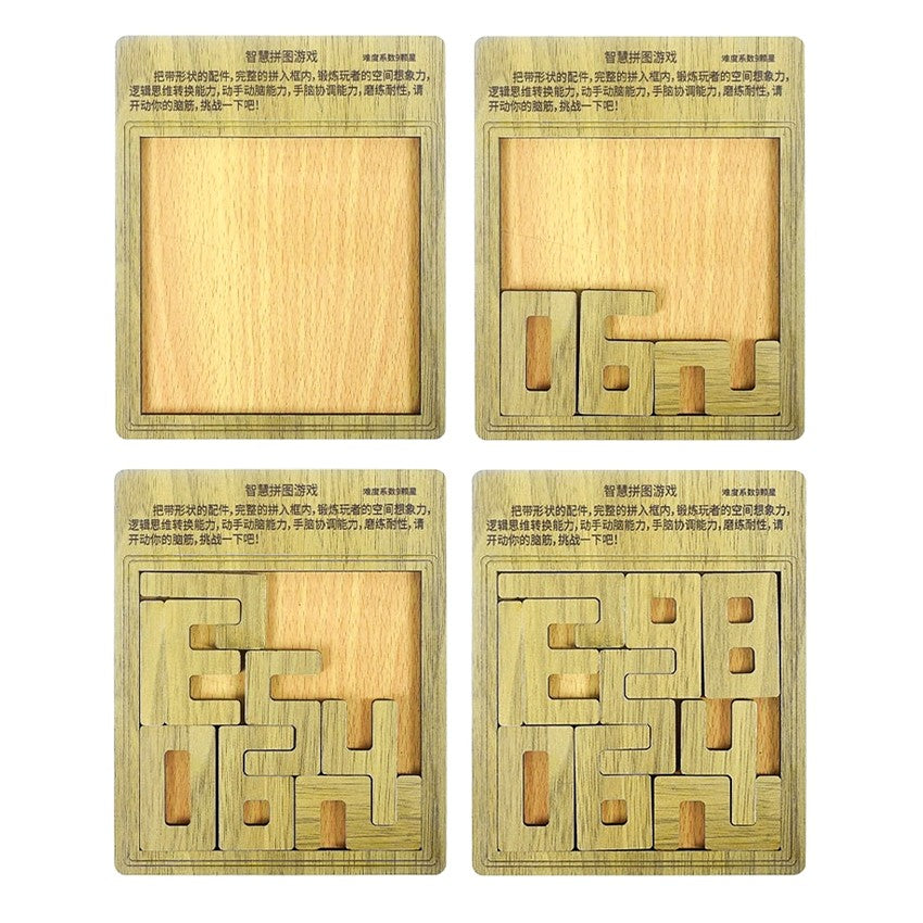 Étapes d’assemblage du tangram chiffres en bois – du cadre vide au puzzle complet