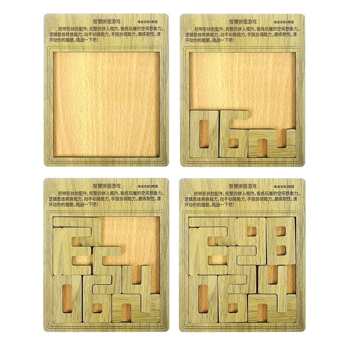Étapes d’assemblage du tangram chiffres en bois – du cadre vide au puzzle complet