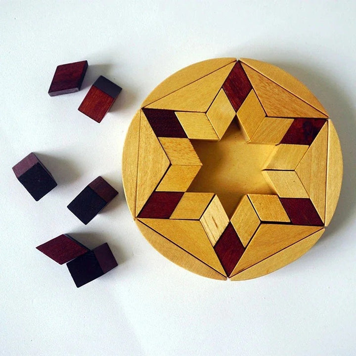 Tangram mosaïque en bois – étoile à assembler sur plateau rond